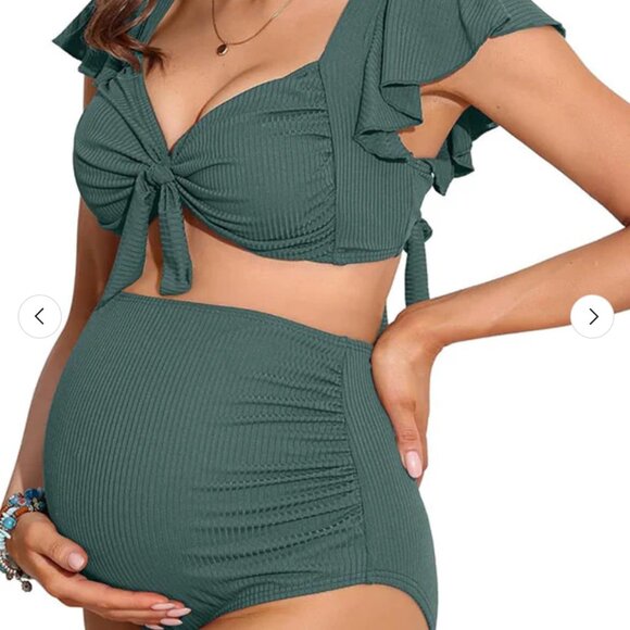 Charmo Ruffle Sleeve Ribbed Ruched Maternity Bikini Set size L EUC - Picture 4 of 8